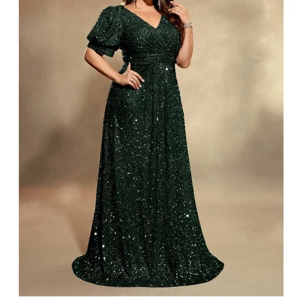 Plus Sequin Puff Sleeve High Waisted Party Formal Wedding Dress - Picture 5 of 9